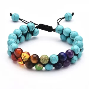 Pulsera 7 Chakras Doble Turquesa Con Nudo Corredizo