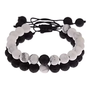 Pulseras Duo En Hilo y Nudo Corredizo - Piedra Volcánica y Howlita Blanca