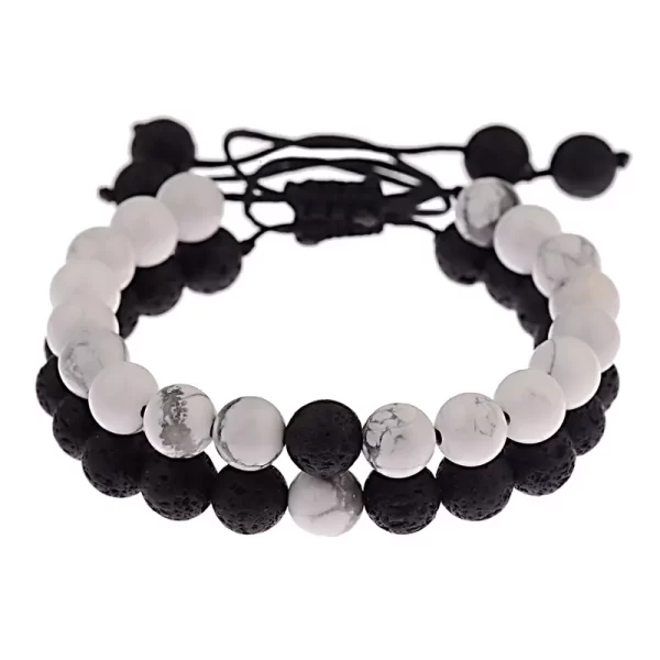 Pulseras Duo En Hilo y Nudo Corredizo - Piedra Volcánica y Howlita Blanca