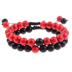 Pulseras Duo En Hilo y Nudo Corredizo - Onix Mate y Howlita Roja