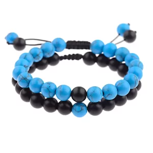 Pulseras Duo En Hilo y Nudo Corredizo - Turquesa y Onix Mate