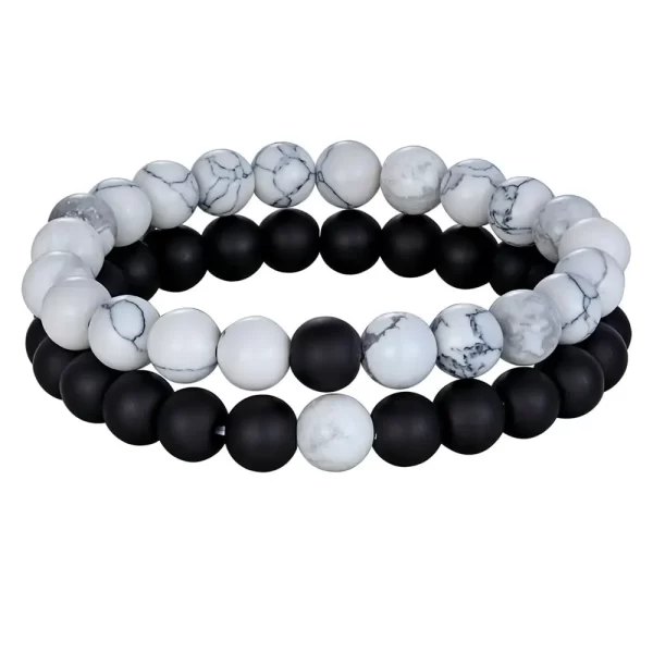 Pulseras Duo En Nailon Elástico - Howlita Blanca y Onix Mate