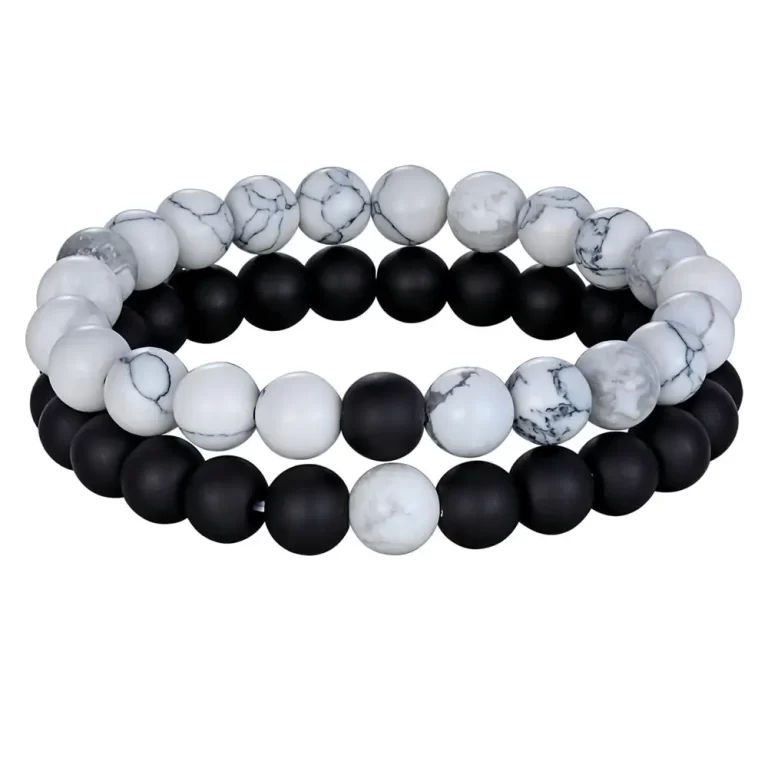 Pulseras Duo En Nailon Elástico - Howlita Blanca y Onix Mate