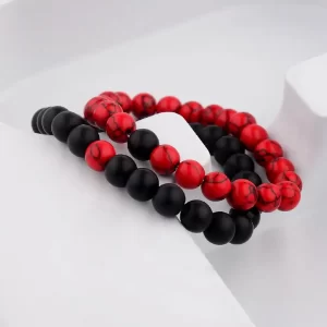 Pulseras Duo En Nailon Elástico - Howlita Roja y Onix Mate