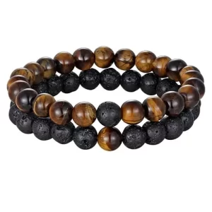 Pulseras Duo En Nailon Elástico - Ojo De Tigre y Onix Brillante