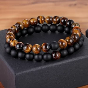 Pulseras Duo En Nailon Elástico - Ojo De Tigre y Onix Mate