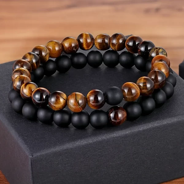 Pulseras Duo En Nailon Elástico - Ojo De Tigre y Onix Mate