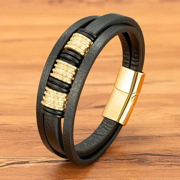 Pulsera De Cuero Cilindros Labrados El Dorado - PAGO ANTICIPADO