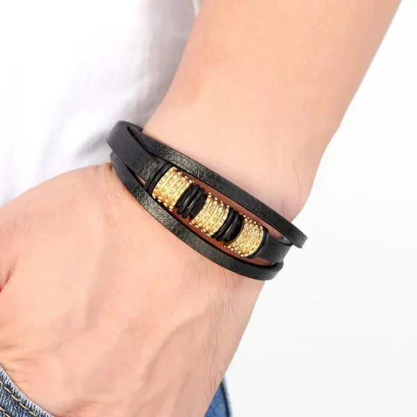 Pulsera De Cuero Cilindros Labrados El Dorado - PAGO ANTICIPADO - Imagen 2