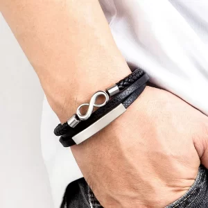 Pulsera De Cuero Multicorreas Infinito y Placa