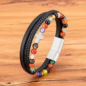 Pulsera De Cuero Multicorreas Piedra Natural Cruz - PAGO ANTICIPADO