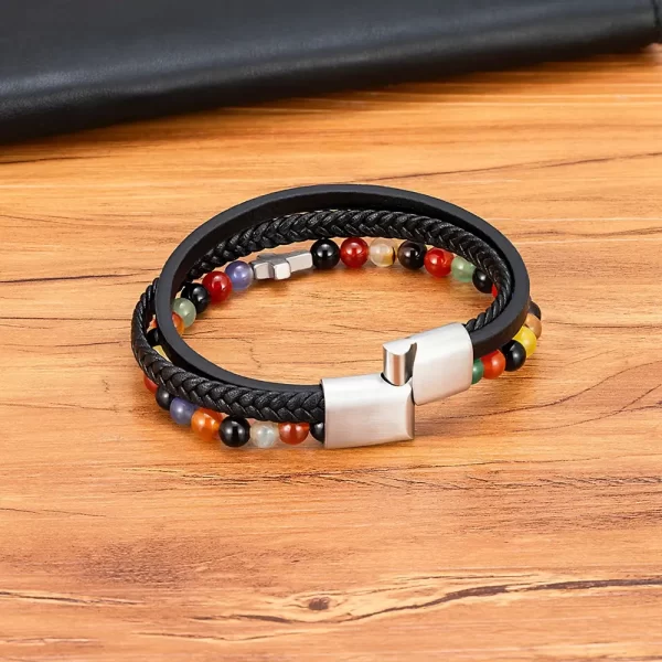 Pulsera De Cuero Multicorreas Piedra Natural Cruz - PAGO ANTICIPADO - Imagen 4
