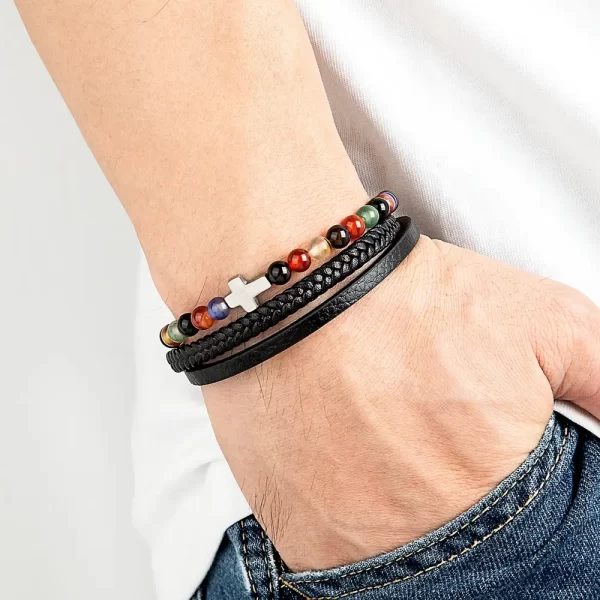 Pulsera De Cuero Multicorreas Piedra Natural Cruz - PAGO ANTICIPADO - Imagen 6