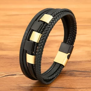 Pulsera De Cuero Multicorreas Placas Entrelazadas - PAGO ANTICIPADO