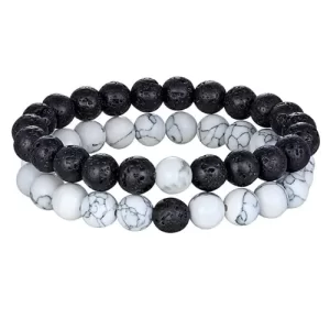 Pulseras Duo En Nailon Elástico - Piedra Volcánica y Howlita Blanca